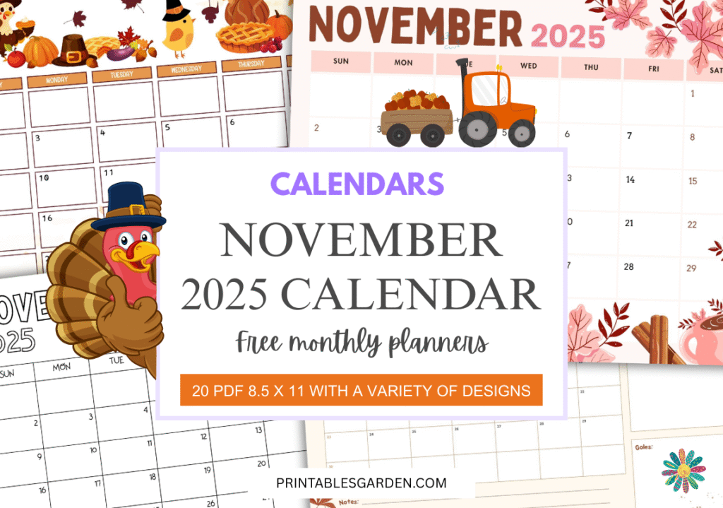 Free printable November 2025 calendar template with holidays, cosy fall design, minimalist monthly PDF download