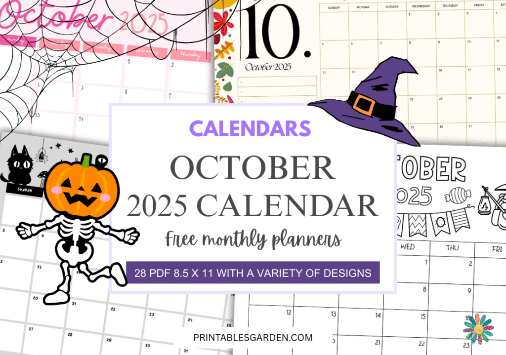 Free printable October 2025 calendar PDF with holidays, blank and minimalist templates, cozy fall designs, and Halloween themes