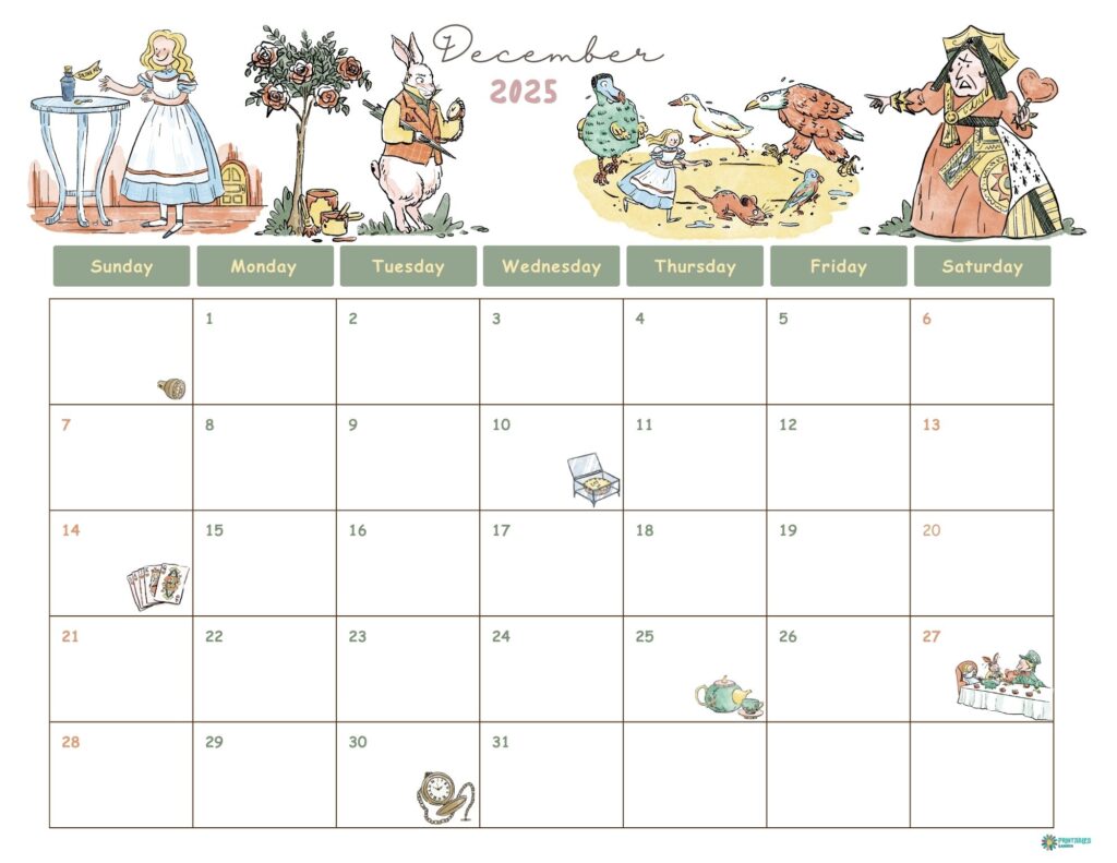 December 2025 calendar, Alice in Wonderland | Printables Garden