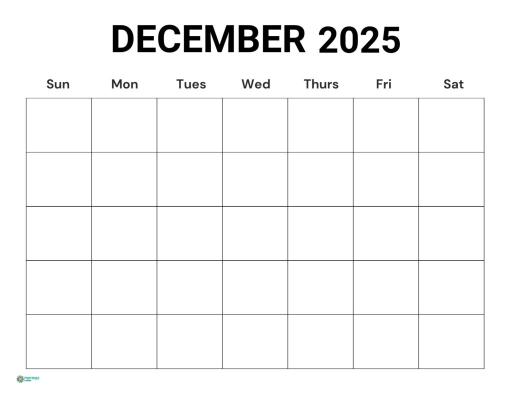 December 2025 calendar, bold minimalist blank | Printables Garden