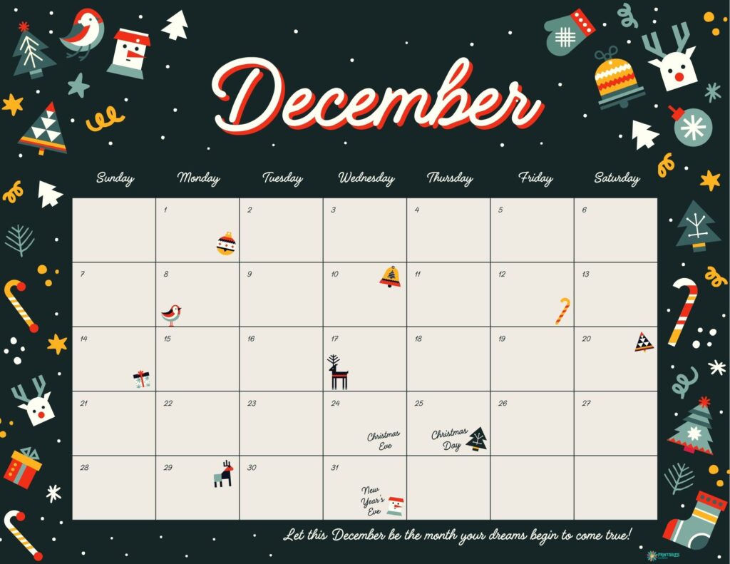 Christmas doodles December 2025 calendar on dark background | Printables Garden