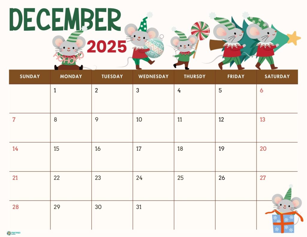 December 2025 calendar, Christmas mice | Printables Garden