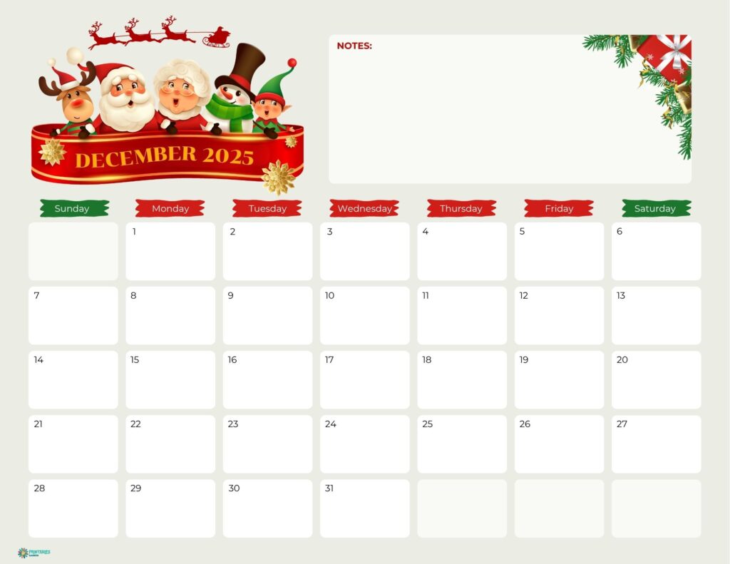 December 2025 calendar with notes, Christmas | Printables Garden