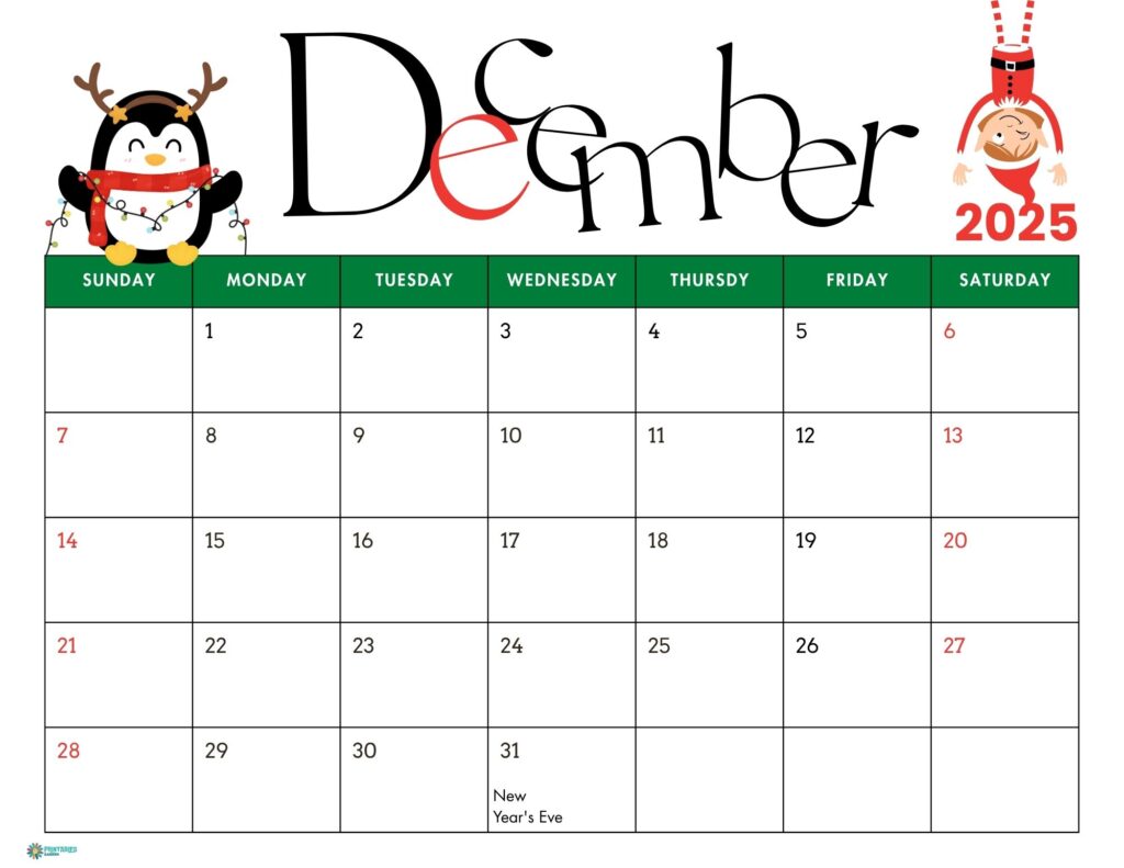 December 2025 calendar, Christmas penguin | Printables Garden