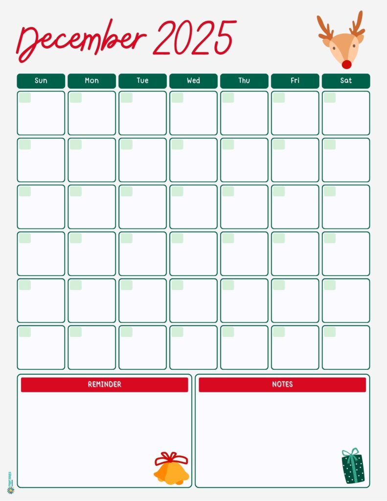 December 2025 calendar, Christmas with reminders and notes | Printables Garden
