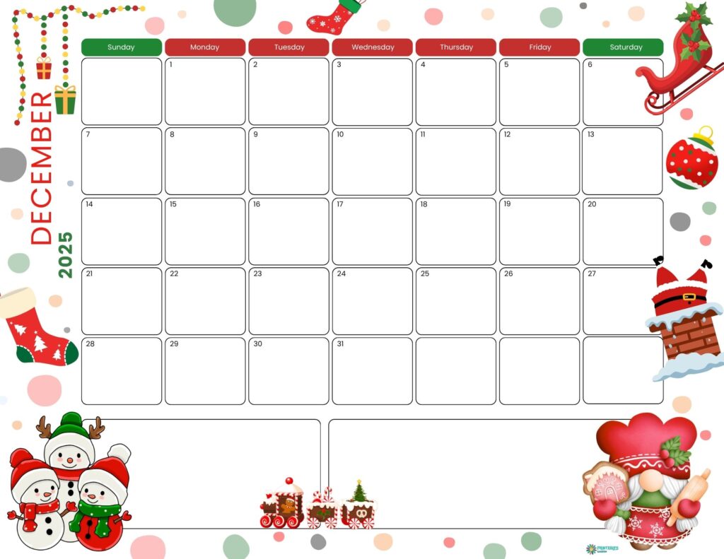 December 2025 calendar, cozy Christmas | Printables Garden