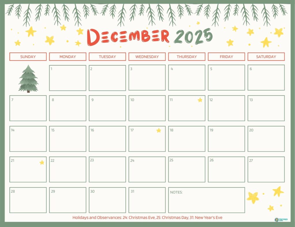 Cozy garland December 2025 calendar with small notes box | Printables Garden