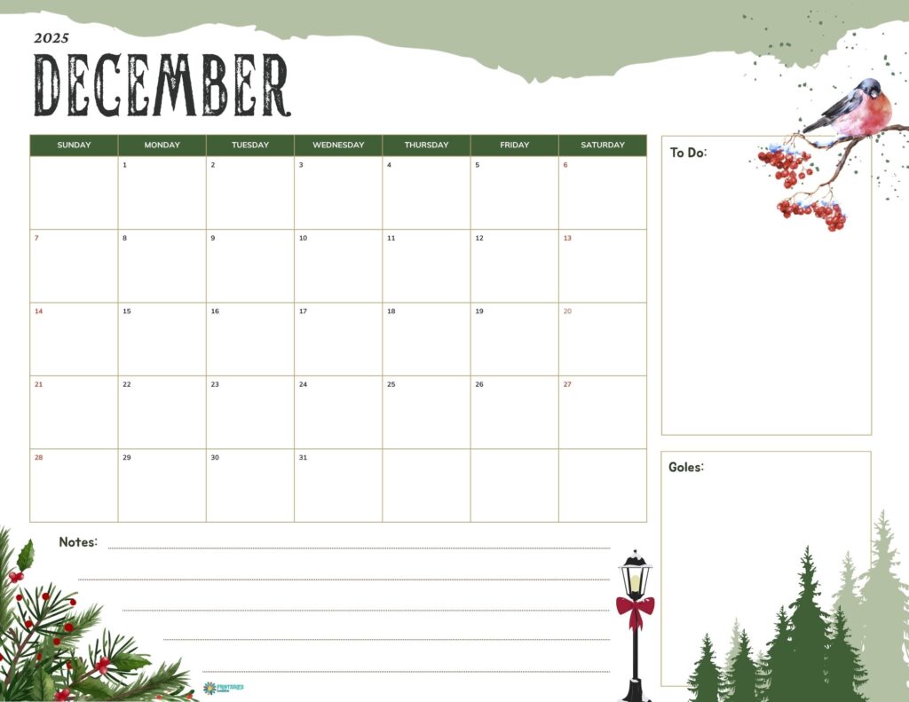 December 2025 calendar with cozy winter greenery, notes and goals | Printables Garden