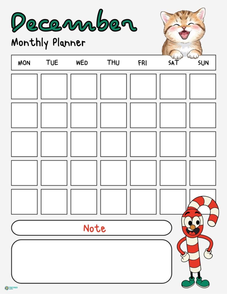 December 2025 calendar, cute kitten with notes | Printables Garden