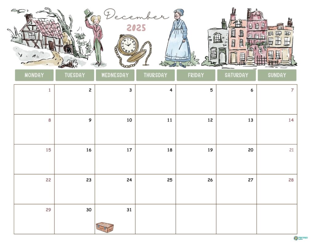 December 2025 calendar, Jane Austen Monday start | Printables Garden