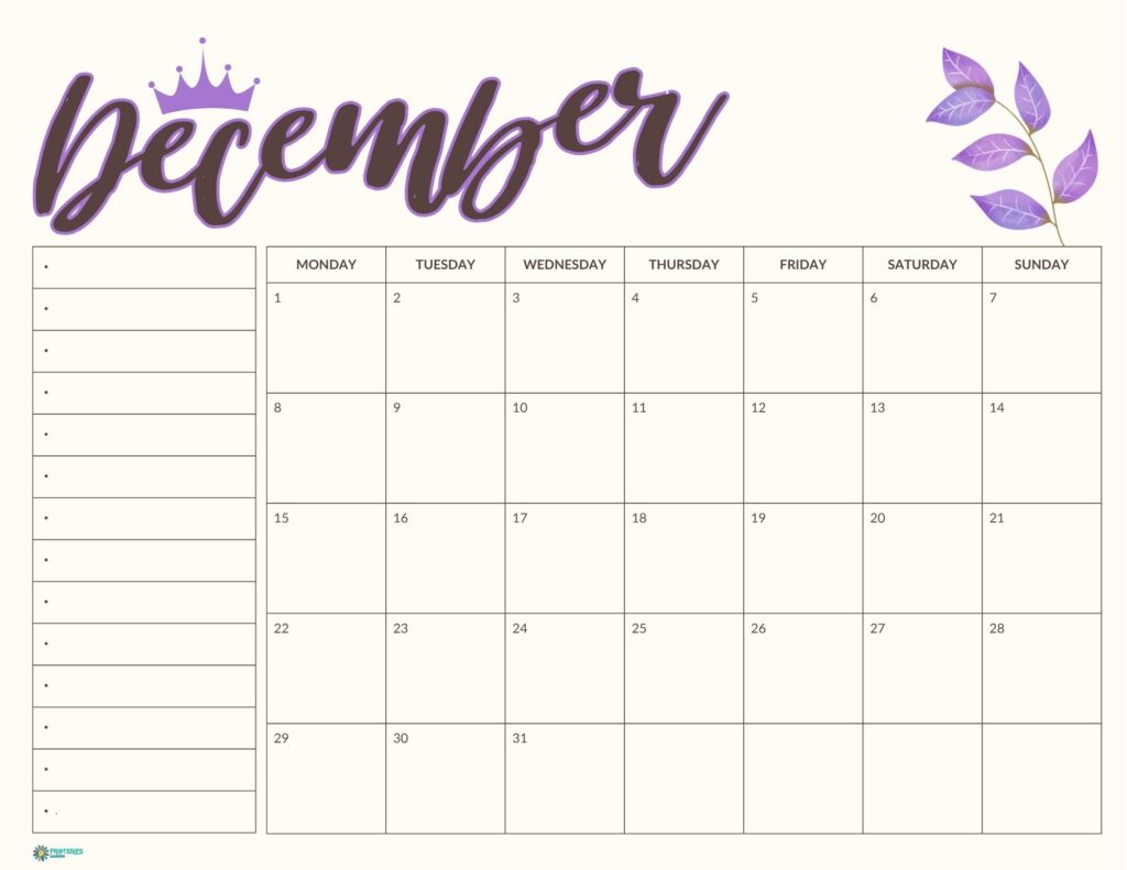 December 2025 calendar with notes, lavender | Printables Garden