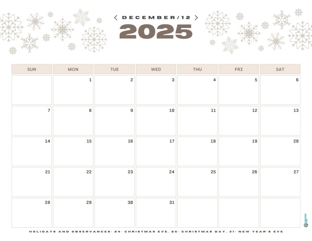 Minimal snowflakes December 2025 calendar, clean layout | Printables Garden