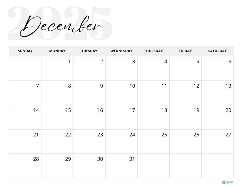 December 2025 calendar, minimalist | Printables Garden