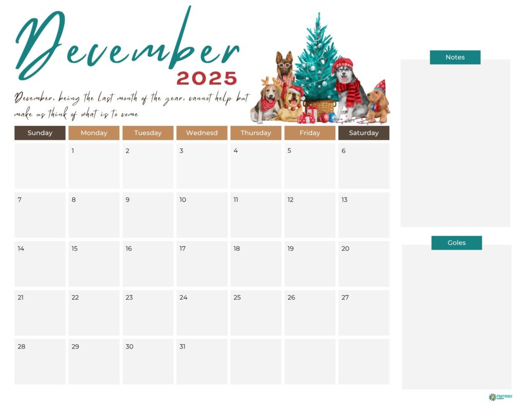 December 2025 calendar with pets and notes sections | Printables Garden