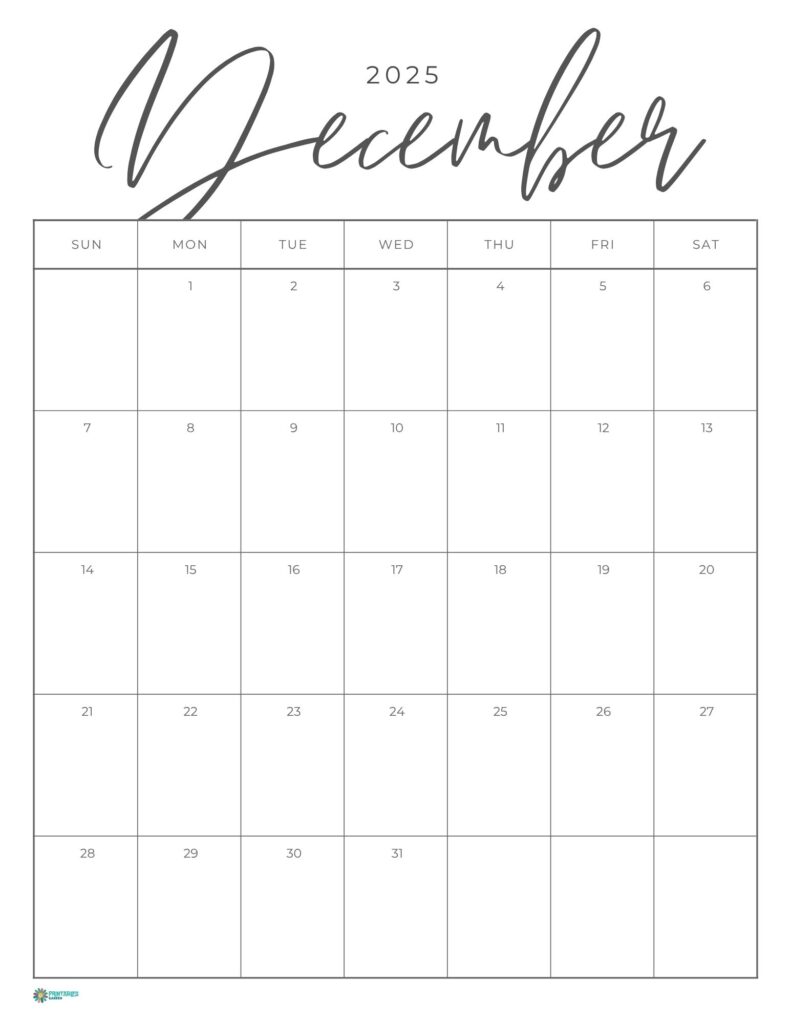 December 2025 calendar, portrait simple | Printables Garden