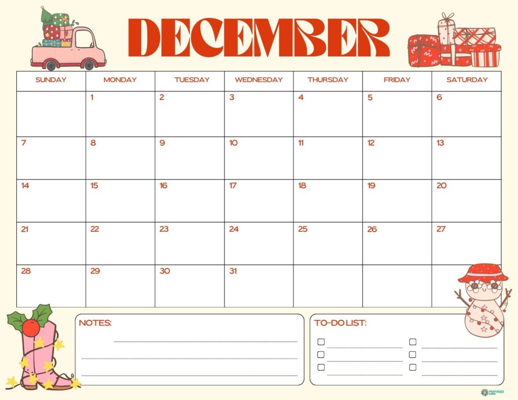 December 2025 calendar with retro Christmas gifts, notes and to-do | Printables Garden