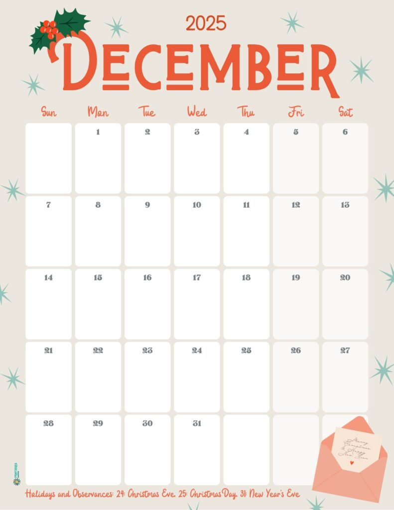 Retro stars December 2025 calendar with holly accent | Printables Garden