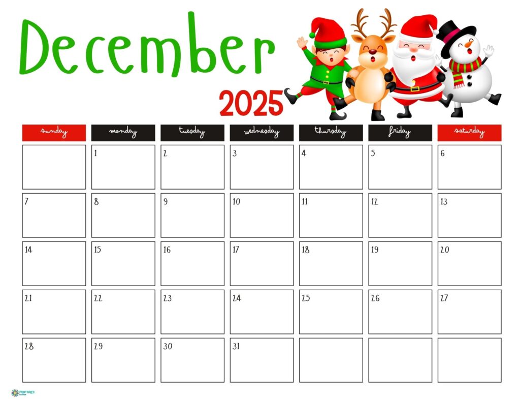 December 2025 calendar, Santa lineup | Printables Garden