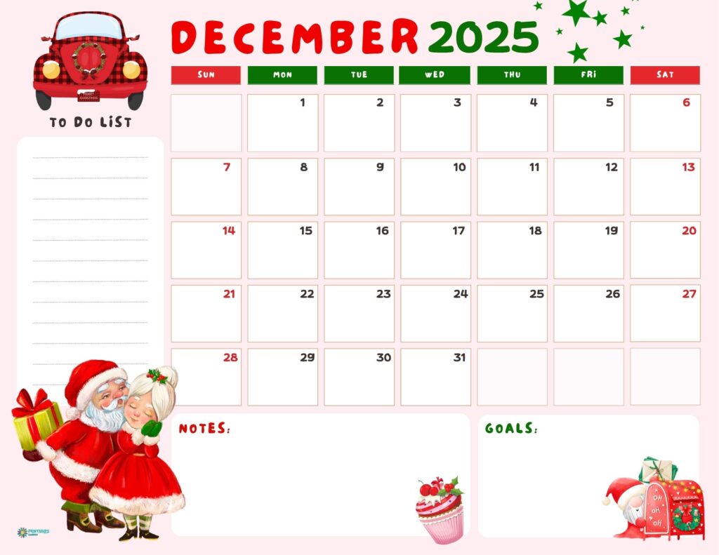 December 2025 calendar with Santa theme, notes and goals | Printables Garden