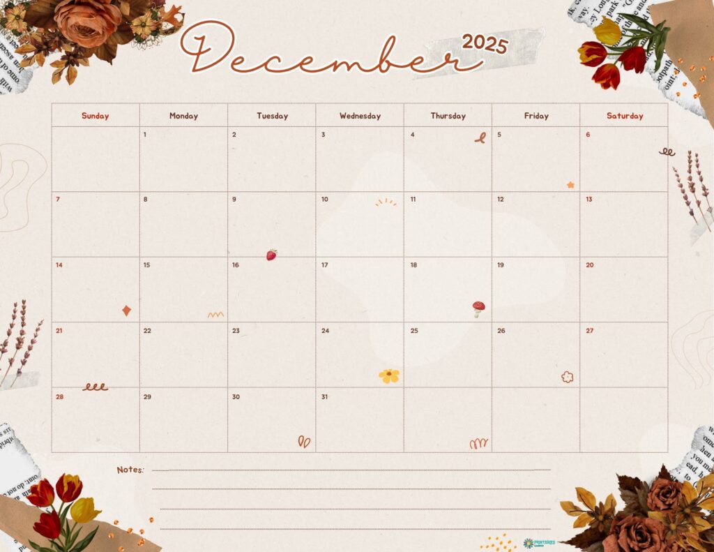December 2025 calendar with scrapbook roses theme | Printables Garden.