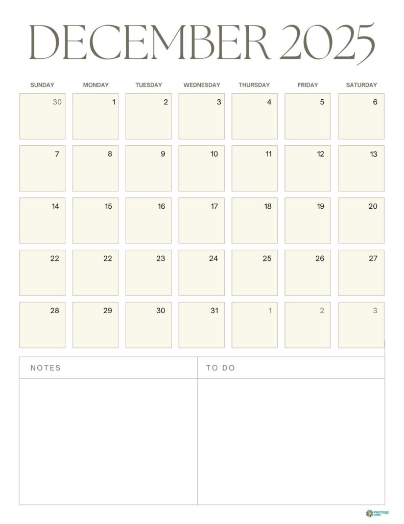 Simple December 2025 calendar with large notes and to-do boxes | Printables Garden