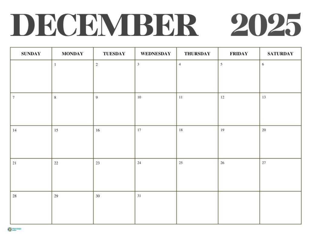 December 2025 calendar, standard layout | Printables Garden