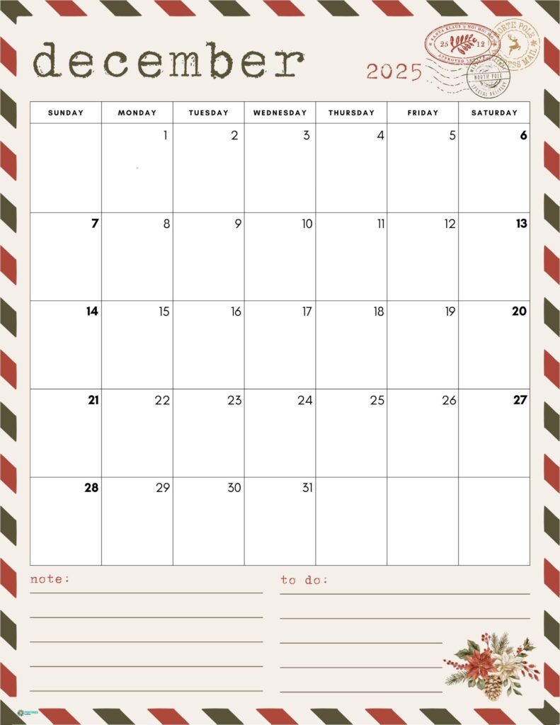 December 2025 calendar, vintage airmail border | Printables Garden
