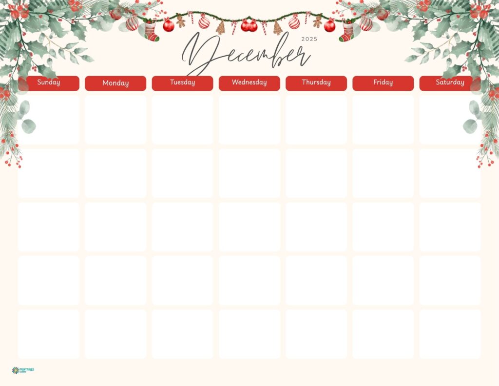 December 2025 calendar, winter floral garland | Printables Garden