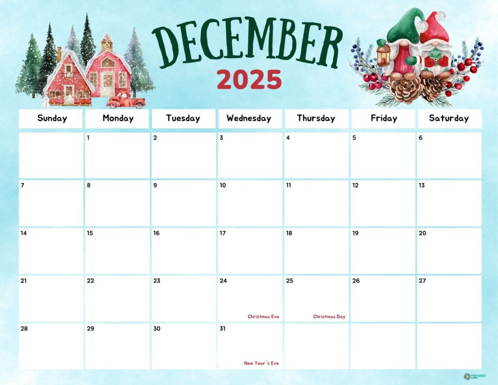 Winter gnomes December 2025 calendar with cottage scene | Printables Garden