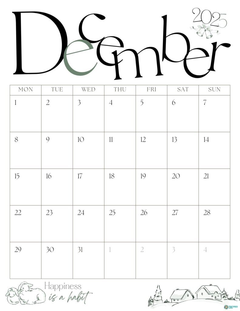 December 2025 calendar, whimsical winter Monday start | Printables Garden