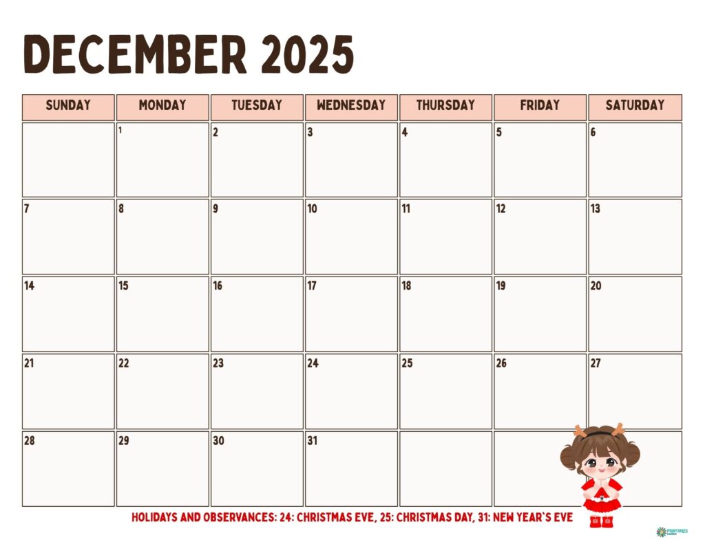 Cute character December 2025 calendar, simple monthly grid | Printables Garden