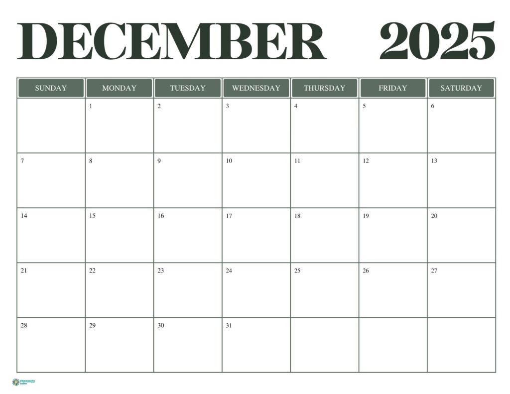 December 2025 calendar, green simple | Printables Garden