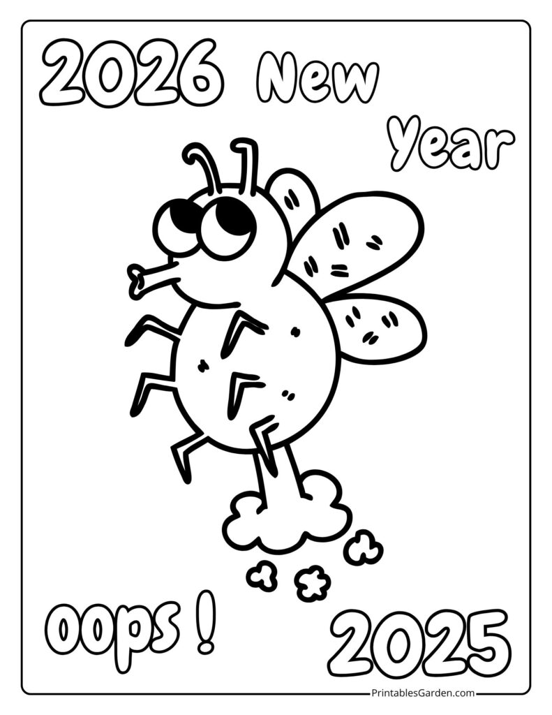 Happy New Year 2026 coloring page — silly bug cartoon | Printables Garden