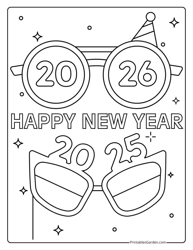 Happy New Year 2026 coloring page with party glasses | Printables Garden