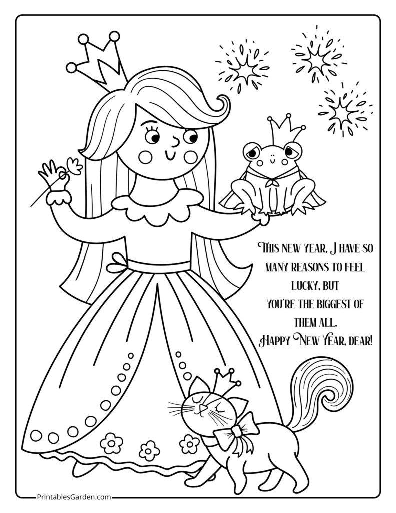 Happy New Year 2026 princess coloring page with fireworks | Printables Garden