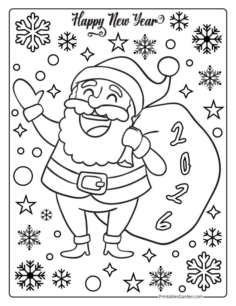 Happy New Year 2026 coloring page — Santa with snowflakes | Printables Garden