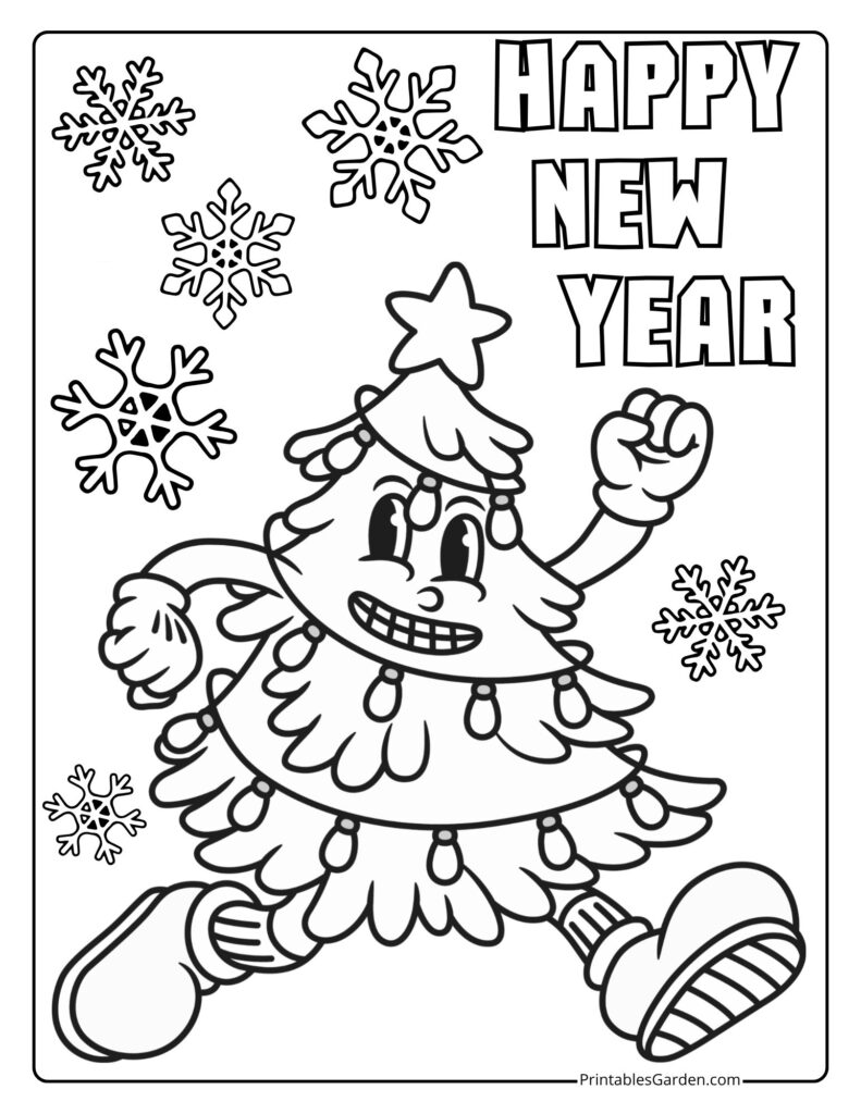 Happy New Year 2026 coloring page with tree and snowflakes | Printables Garden