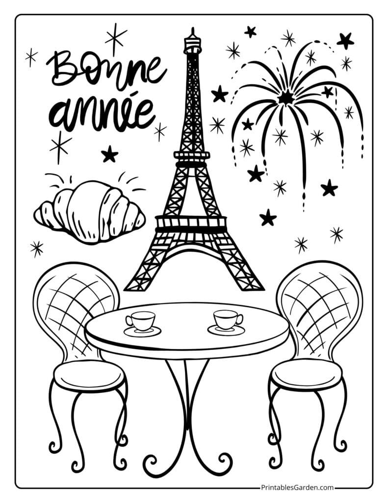 Happy New Year adult coloring page — Paris café, Eiffel Tower, fireworks | Printables Garden