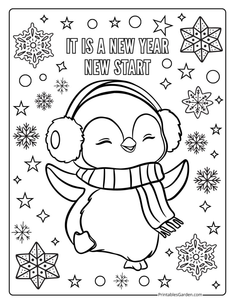 Happy New Year coloring page — penguin with scarf and earmuffs, snowflakes | Printables Garden