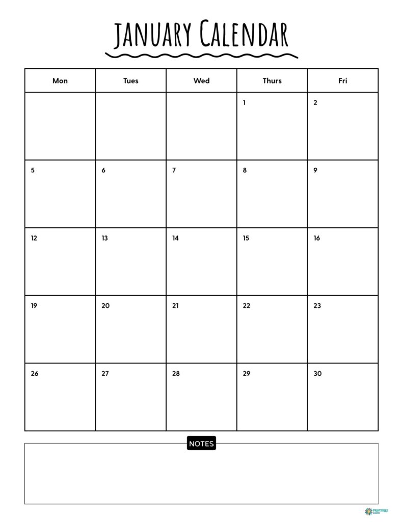 January 2026 calendar in black and white with a 5-day work-week layout and notes box