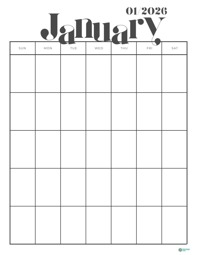 January 2026 calendar with a bold typographic header and a blank minimalist grid, Sunday start