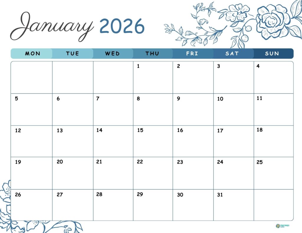 January 2026 calendar with a blue floral corner, Monday start