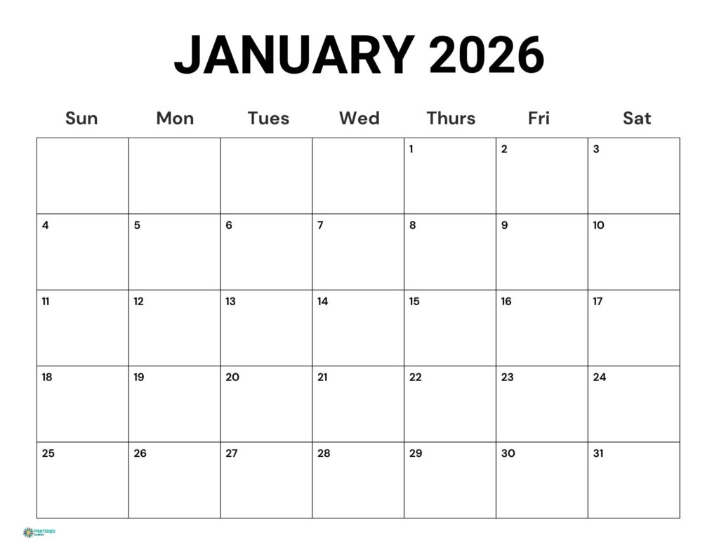 January 2026 calendar with a bold header and blank minimalist grid