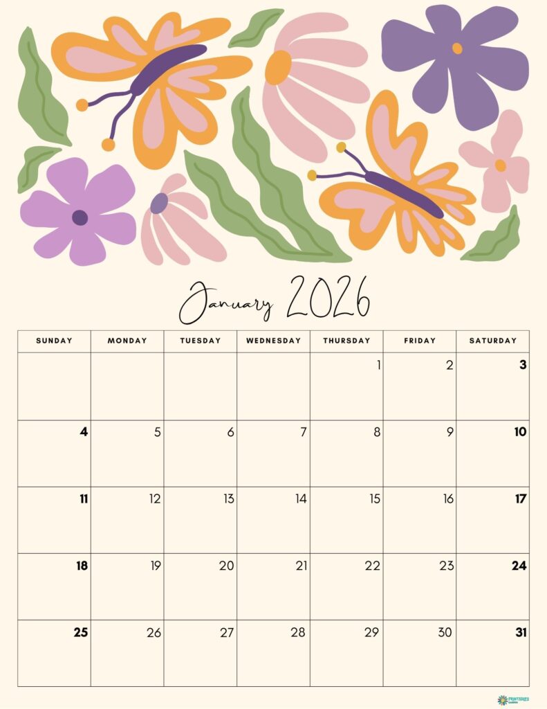 January 2026 calendar with a floral and butterfly header, Sunday start