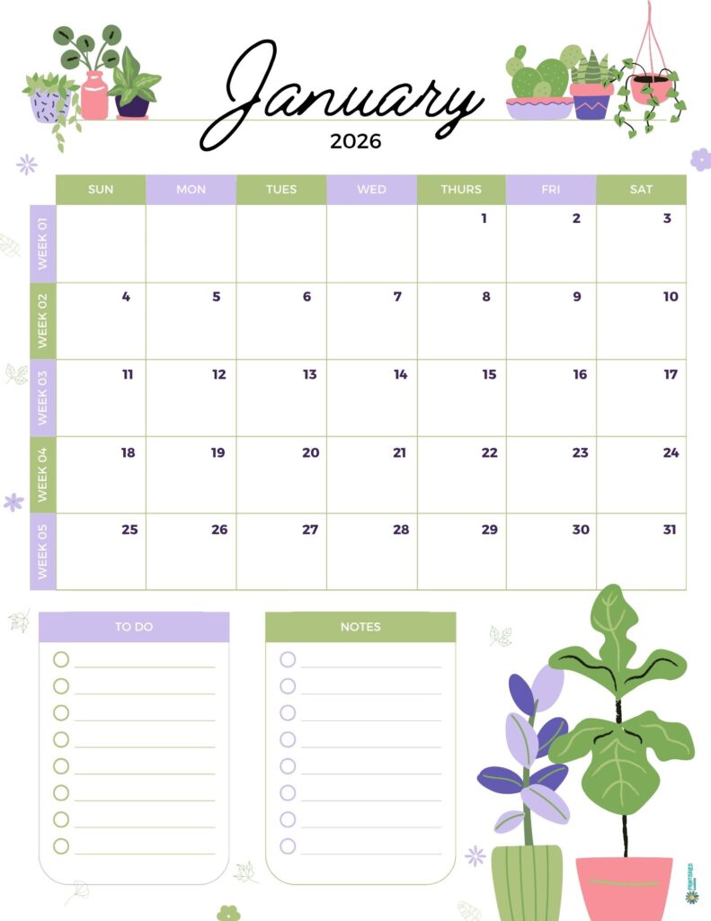 January 2026 calendar with gardening illustrations, week rows, and To Do and Notes lists