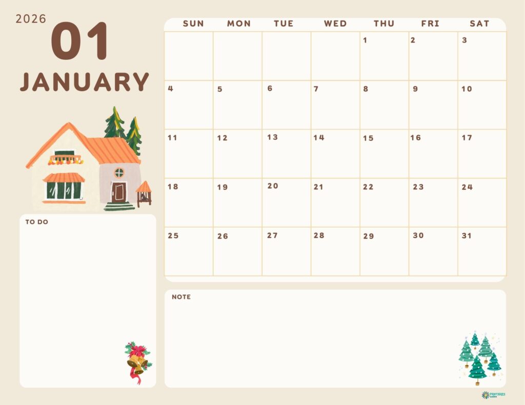 January 2026 calendar with a beige house and To Do and Note boxes, Sunday start
