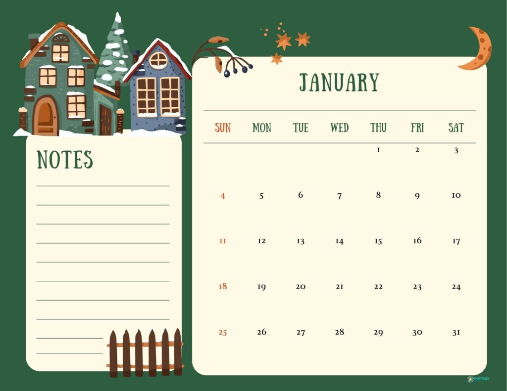 January 2026 calendar with small houses and a large notes panel, Sunday start