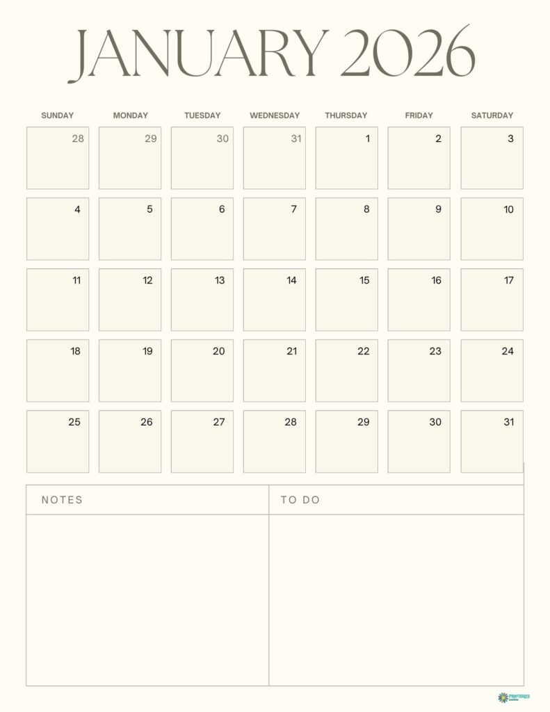 January 2026 calendar with a serif header and large notes and to-do boxes, Sunday start