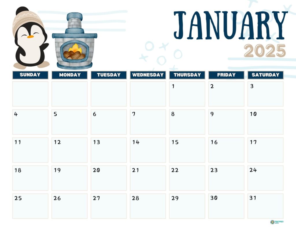 January 2026 calendar with a penguin by a fireplace, Sunday start