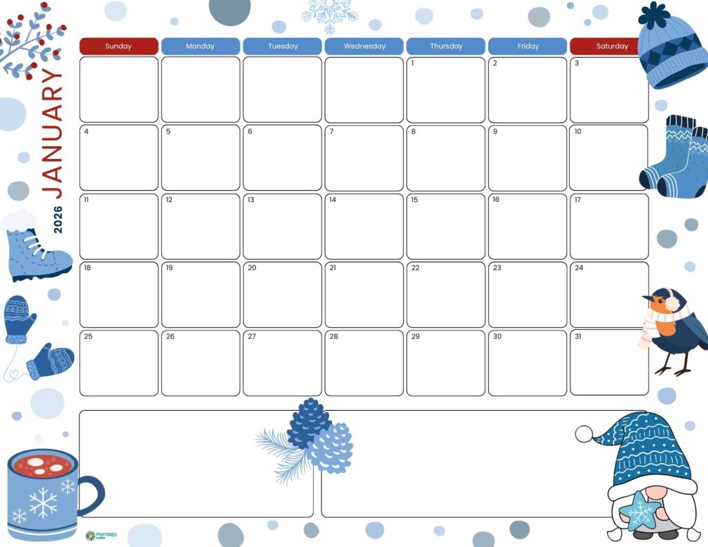 January 2026 calendar, blue winter icons with mittens and robin, large notes box, Sunday start